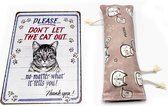 Geschenkpakket voor Cat Lovers - metalen tekstbord 'don't let the cat out' + wasbaar en hervulbaar handgemaakt catnip speelkussen