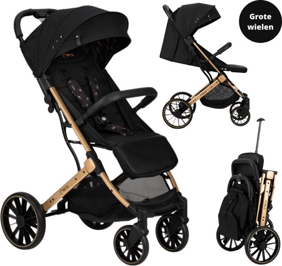 MoMi Wandelwagen - compacte lichtgewicht Buggy - Estelle Dakar met XXL wielen & Zonnekap - Ginko - Zwart-Goud (geschikt van 6mnd - 22kg)