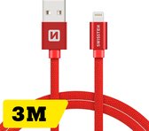 Swissten Lightning naar USB kabel - 3M - Gevlochten kabel geschikt voor iPhone 7/8/X/11/12/13/14 - Rood