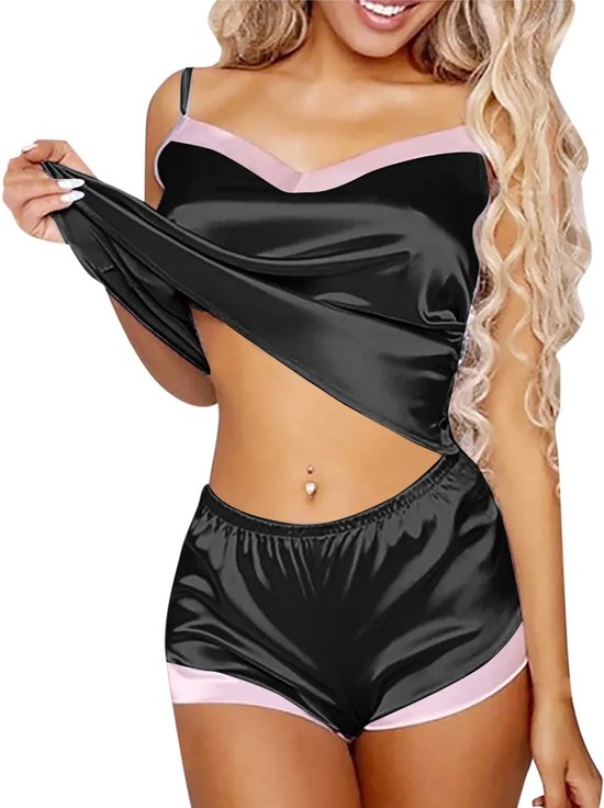 Glanzende pyjama set -Vrouwen - Nachtkleding - Sexy - Zilver en Zwart - Mode