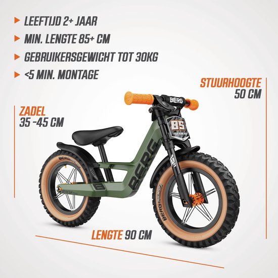 Groene loopfiets met 12 inch wielen, verstelbaar zadel van 35-45 cm, stuurhoogte 50 cm.