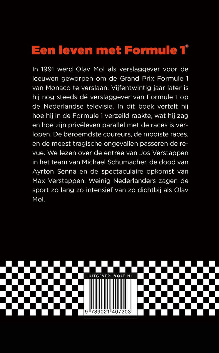 Achterkant van een boek met de titel "Een leven met Formule 1", een barcode en de tekst "UITGEVERIJVOLT.NL".