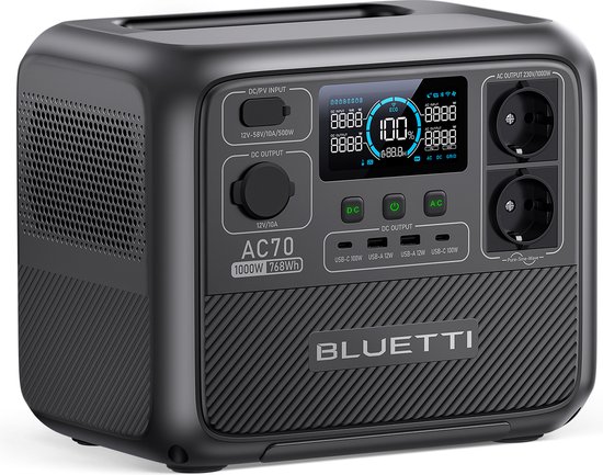 BLUETTI Portable Powerstation AC70, 768Wh LiFePO4-Zonnegenerator met 2 1000W AC-Uitgangen, 100W Type-C, Batterijback-up voor Autoritten, Off-grid, Stroomuitval