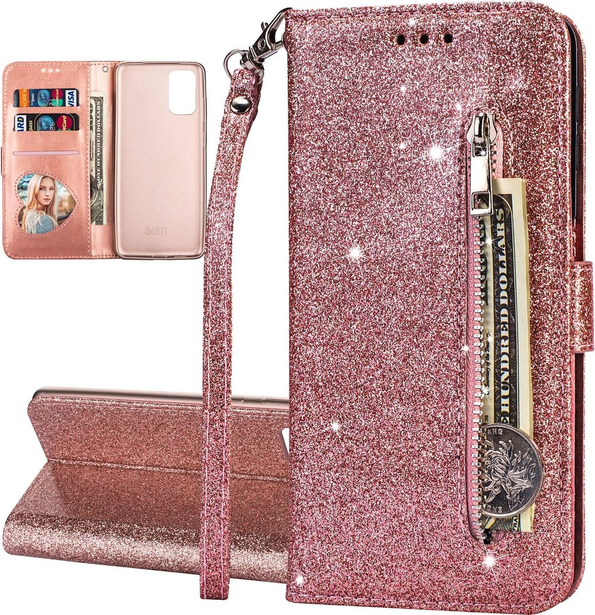 Portemonne hoesje voor iPhone 12 - bling glitter Bookcase met ritsvak en kaarthoudersleuf - beschermhoesje voor Geschikt voor iPhone - rosegoud