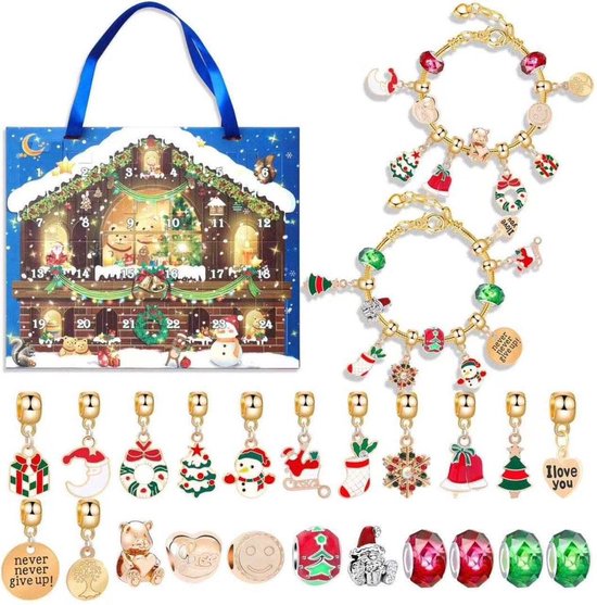 MOZY - Adventskalender Armbandjes - Blauw - M13 - Goud - Sieraden - 22 Bedels - Armbandje - Kinderen - Kerstdecoratie - Kerst - Kerstcadeau - Aftellen Kerst