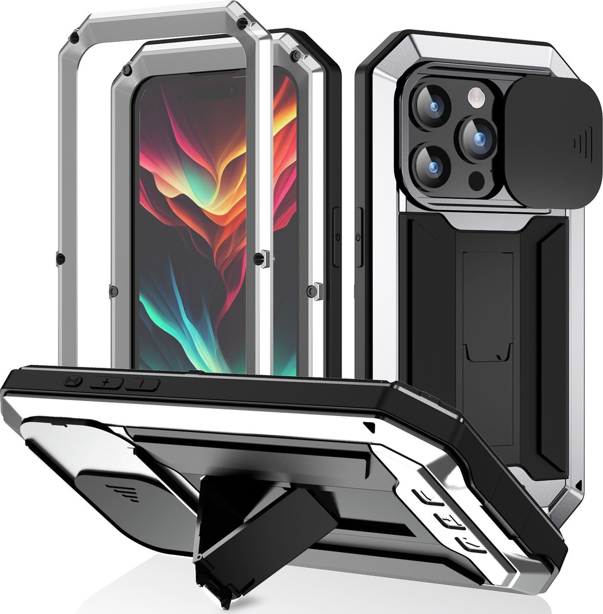 Fonu hoesje geschikt voor iPhone 15 Pro Max – metalen stofdichte backcover – zilver