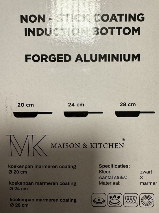 MK Maison & Kitchen koekenpan maten 20 cm, 24 cm en 28 cm, zwart, 3 stuks, gesmeed aluminium, marmeren coating.