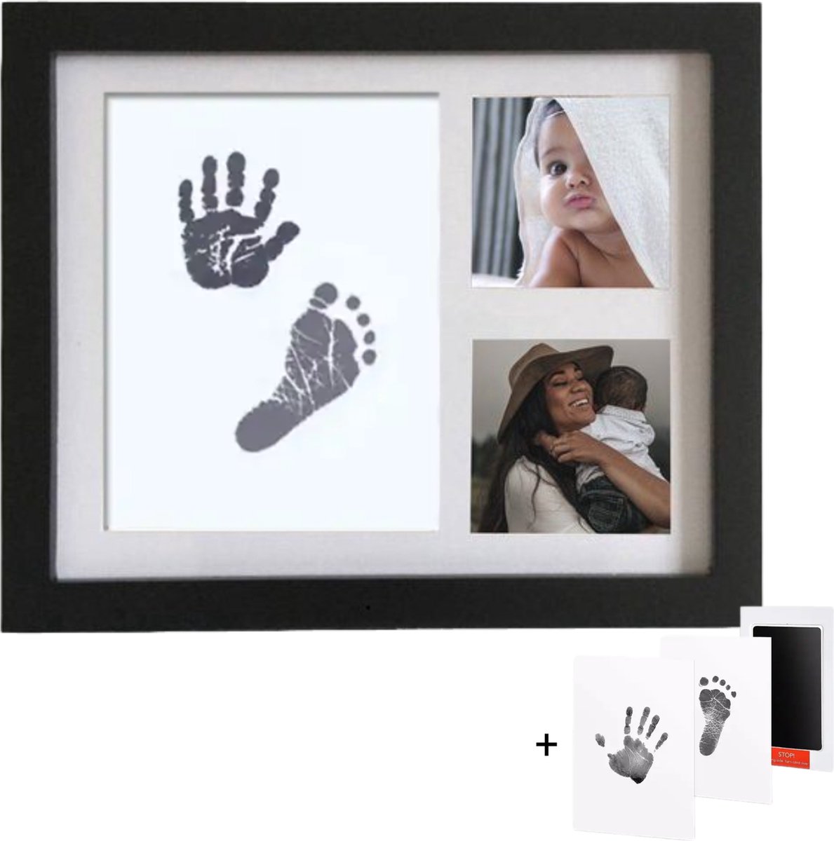 Helofa Fotolijst met Inktafdruk – Baby Voet en Hand Inkt Afdruk – Zwart Fotolijstje – Kraamcadeau Lijstje en Babyshower – Gipsbuik – Lijst - Helofa