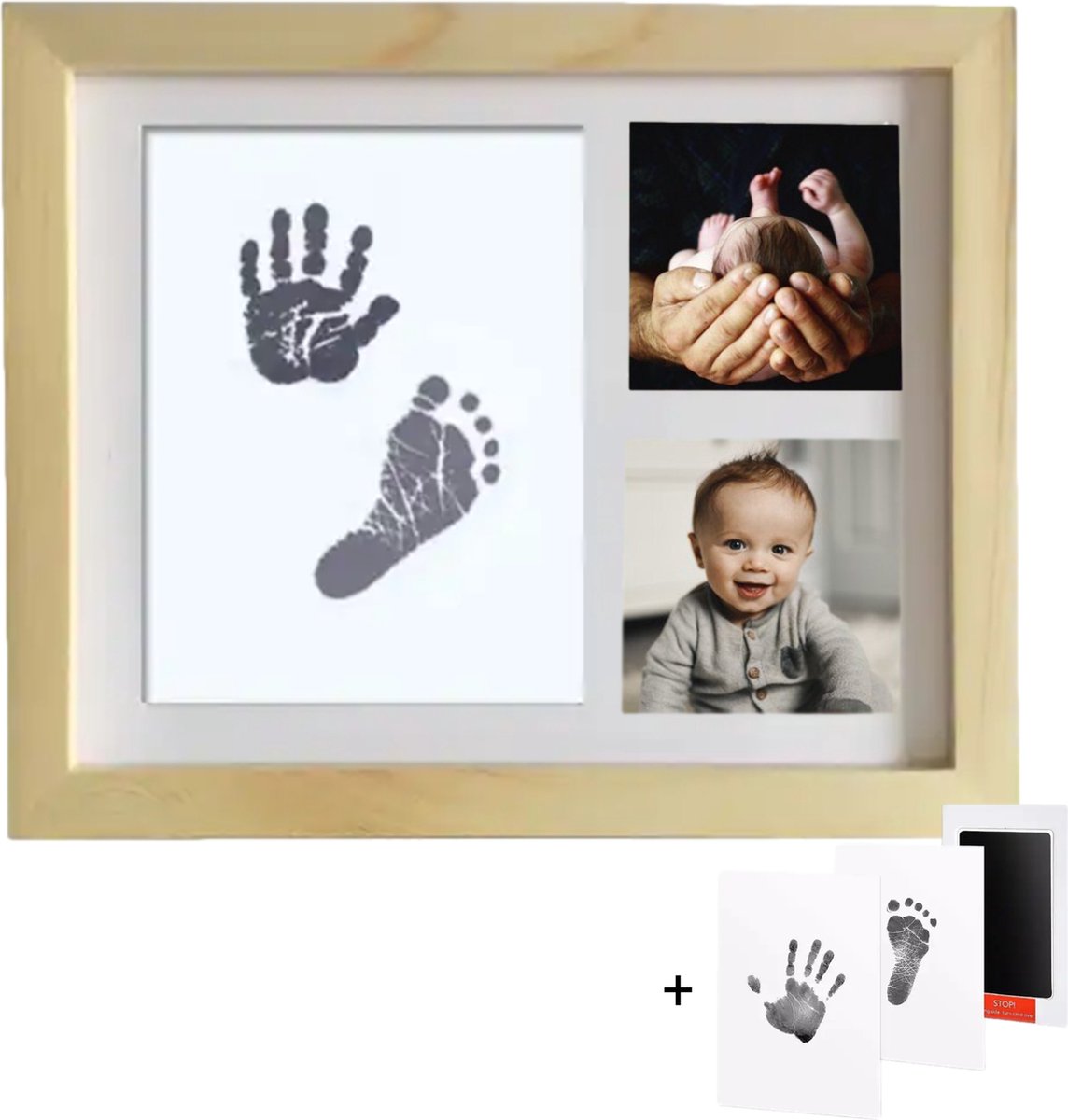 Goedkoopste Helofa Fotolijst met Inktafdruk – Baby Voet en Hand Inkt Afdruk – Houtkleur Fotolijstje – Kraamcadeau Lijstje en Babyshower – Gipsbuik – Lijst
