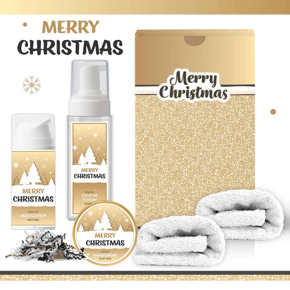 Geschenkset “Merry Christmas!” - 5 producten - 550 gram - Triomf Cosmetica | Luxe Kerst cadeaubox voor haar Wellness Pakket Vrouw Giftset Fijne Feestdagen Cadeau Kerstmis Kerstcadeau Kerstpakket Bedrijf Personeel Relatie Relatiegeschenk Gift Set Goud