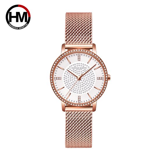 Montre HANNAH MARTIN avec diamants en cristal, bracelet en acier doré, cadran blanc, boîtier de montre en or et aiguilles en or pour femme avec style (modèle 1074 B-WFF)