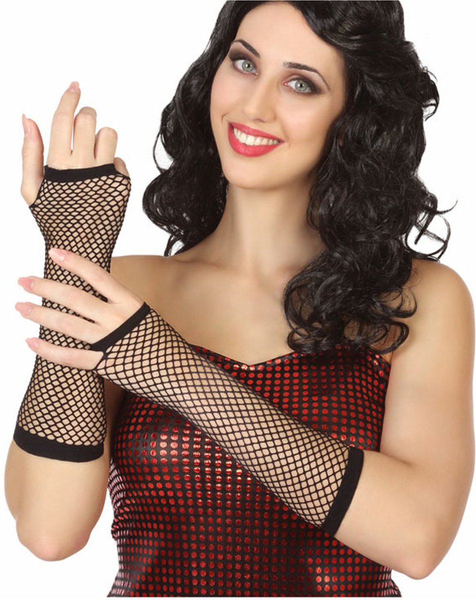 Atosa Carnaval verkleed handschoenen - visnet stof - zwart - vingerloos - dames - elastiek