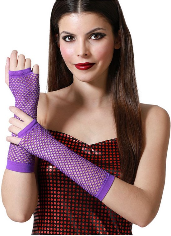 Atosa Gants de déguisement Carnaval - tissu résille - violet - sans doigts - dames - élastique