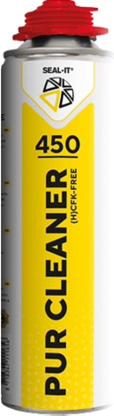 Seal-it 450 PUR Cleaner reiniger met rode dop en gele band. Met tekst 'PUR CLEANER'.