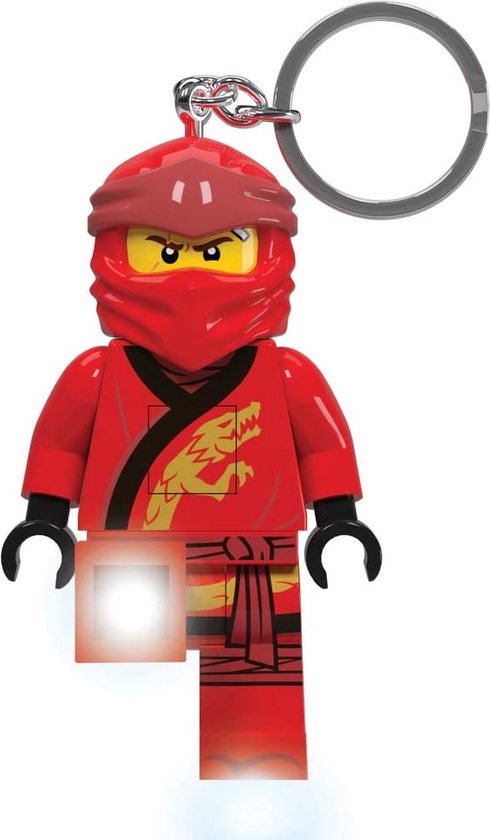 Rode Ninjago Kai sleutelhanger met lichtje in de voet, met gouden draak op shirt.