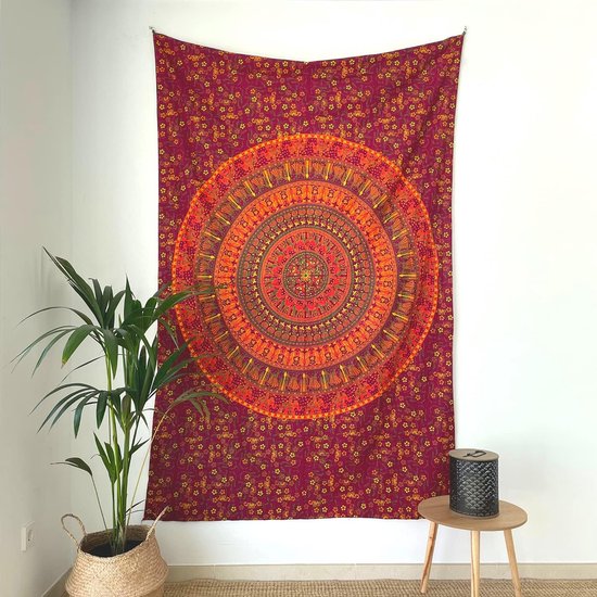 MOMOMUS Mandala Tapestry - Indian - 100% Cotton Large Multipurpose - Wall Towel - Wall Decoration Living Room Decoration Bedroom - Orange, 135 x 210 cm