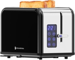 KitchenBrothers Broodrooster - Toaster - 6 Warmteniveaus - 2 Extra Brede Sleuven - Touch display - BPA-vrij - 815W - RVS/Zwart