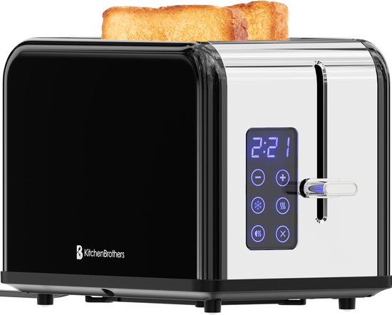 KitchenBrothers Broodrooster - Toaster - 6 Warmteniveaus - 2 Extra Brede Sleuven - Touch display - 815W - RVS/Zwart