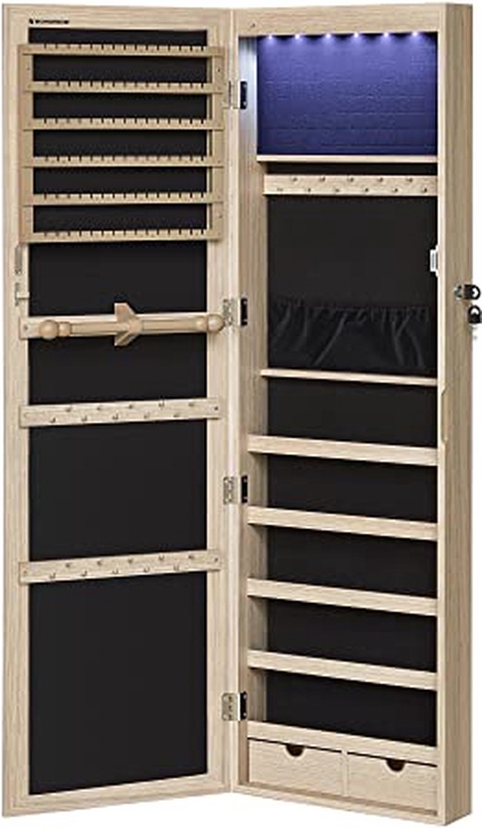 Eiken sieradenwandkast, afsluitbaar, met spiegel en diverse vakken voor halskettingen, oorbellen en andere accessoires.