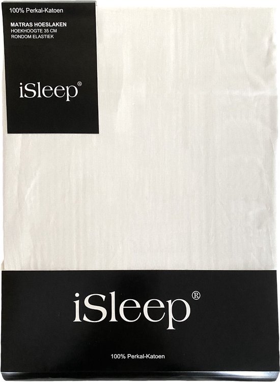 iSleep Hoeslaken en percale - 100 % percale de Katoen - Coins hauts - Élastique tout autour - Double - 180 x 210 cm - Beige clair