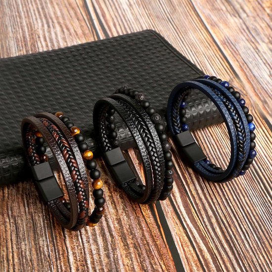 Leren Armband - Sylish set 3 armbanden - Zwart - Bruin - Leer - Kralen - Heren - Dames - Set - 3 pack blauw zwart bruin - Jewelegance