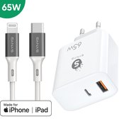 Synyq - Chargeur GaN Super Fast 65W - Câble Lightning inclus - 2 Portes - Adaptateur USB C - Chargeur Rapide iPhone - Chargeur iPhone - Convient pour Apple iPhone 10,11,12,13,14 - Chargeur iPhone - 1 mètre