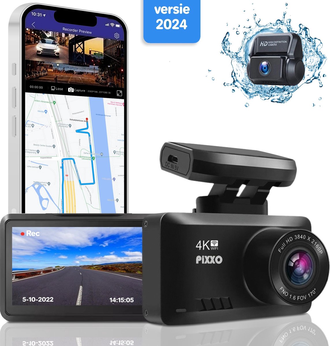 PiXXO® Pro Dual Dashcam voor Auto - Ultra 4K & Full HD 1080P - Voor en Achter Camera - WiFi - GPS Ritregistratie - WDR Super Nachtvisie - Sony Sensor - G-Sensor Parkeerbewaking - 170° Wijdhoek - Zeer Helder HD IPS Display - incl. 64GB MicroSD