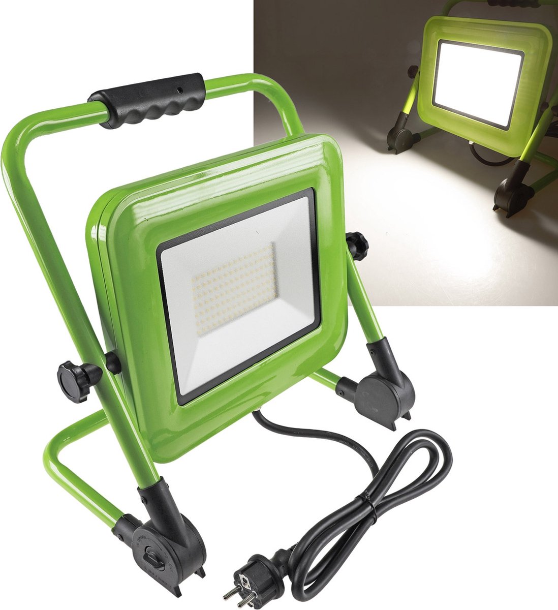Chilitec LED bouwspot bouwlamp 100W met IP44 waterbestendigheid | Geschikt voor binnen en buiten | 4000K | 120 graden kantelbaar | met draaghendel | draagbaar | groen | opvouwbaar | inklapbaar | wit licht | licht voor werkplaats of bouwplaats
