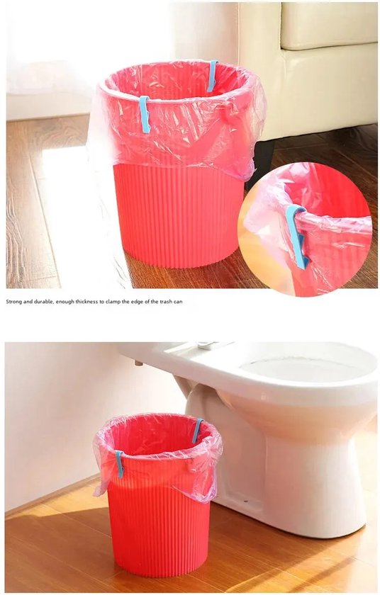 Blauwe vuilniszakclips houden vuilniszakken vast in een rode prullenbak naast een toilet.