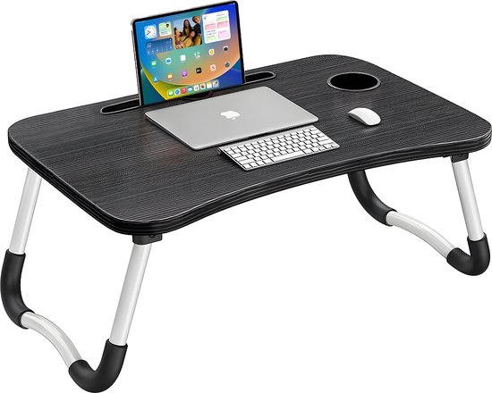 Table pour ordinateur portable - Table de chevet - Pliable - Table de petit déjeuner - Porte-tablette - Porte-gobelet - Pieds antidérapants - 60x40 CM - Zwart - Rheme