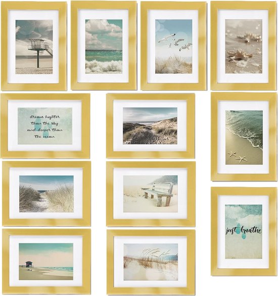 Ocean Set van 12 Fotolijsten Houten Picture Frames – 12 x 13x18cm – Kunststof glas Fotolijst van Hout - Metalen Ophanging - Standaard & Passepartout - Goud
