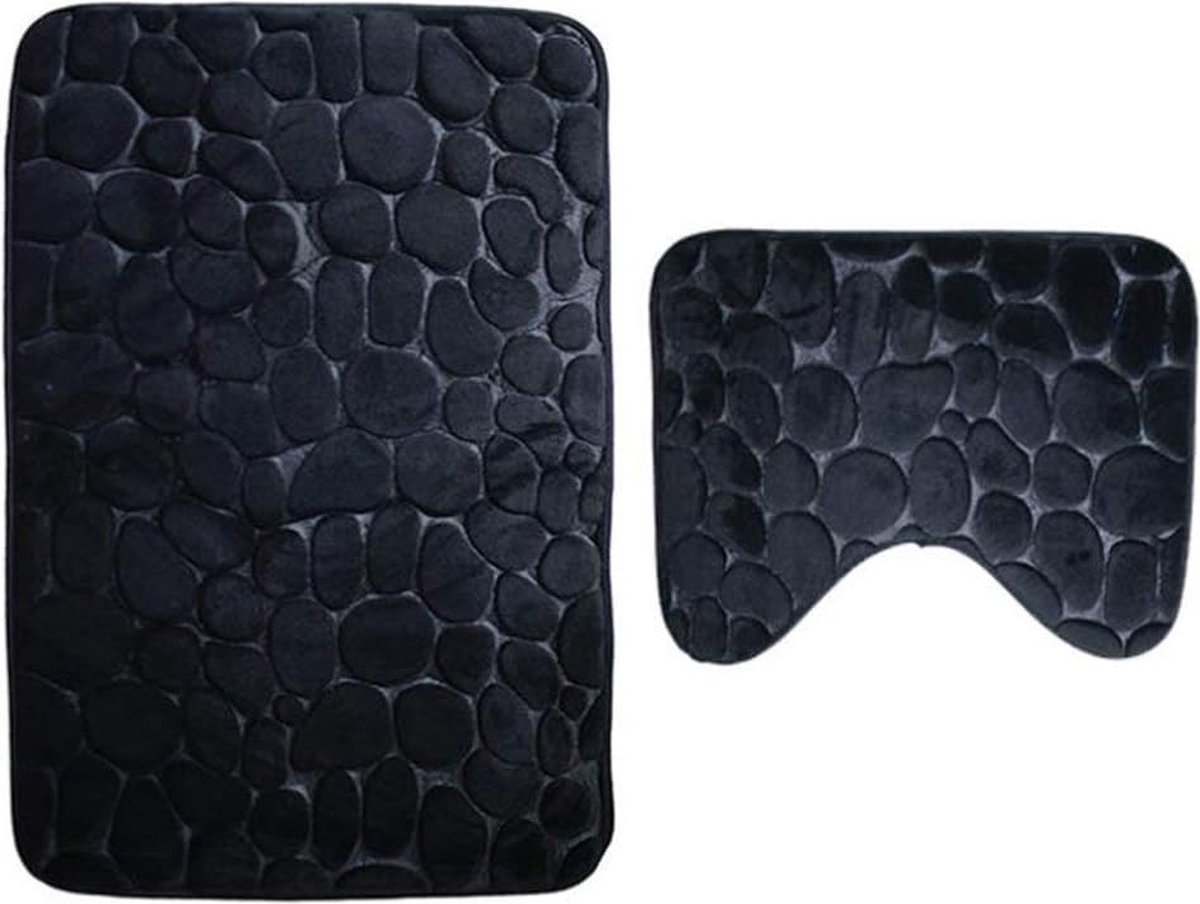 2 antislip badkamermatten, set ademend traagschuim, aangenaam zacht, absorberend, voor toilet, badkamer, antislip, steunen (zwart)