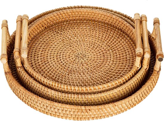 Rotan dienblad met handgrepen set van 3 handgeweven wikkeldienblad rotan-dienblad rustiek decoratief dienblad voor ontbijt, dranken, snacks, brood voor de salontafel bar dinerfeestjes