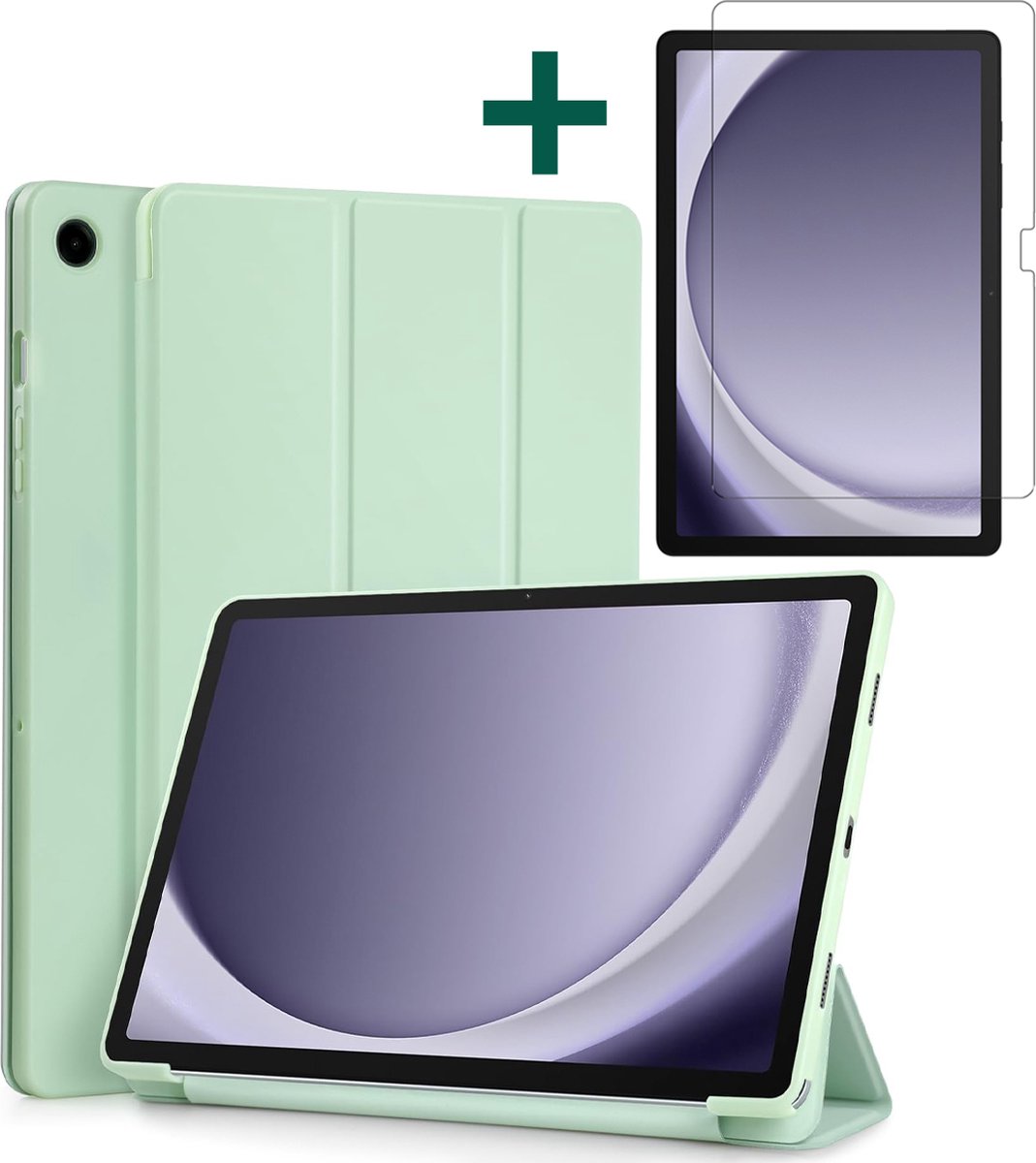 Hoes geschikt voor Samsung Galaxy Tab A9 - Arara Trifold Bookcase TabletHoes met screenprotector gehard glas - Lichtgroen