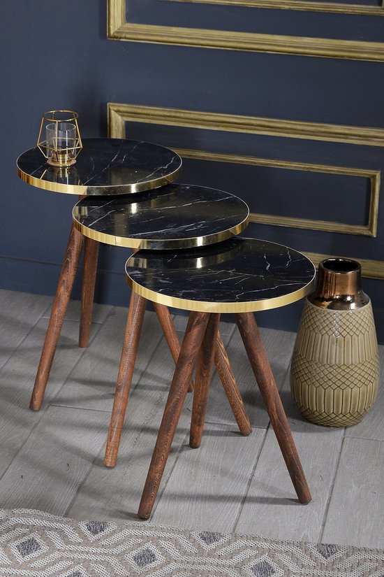 Bijzettafel set van 3 zwart/goud marmer look met houtkleurige poten