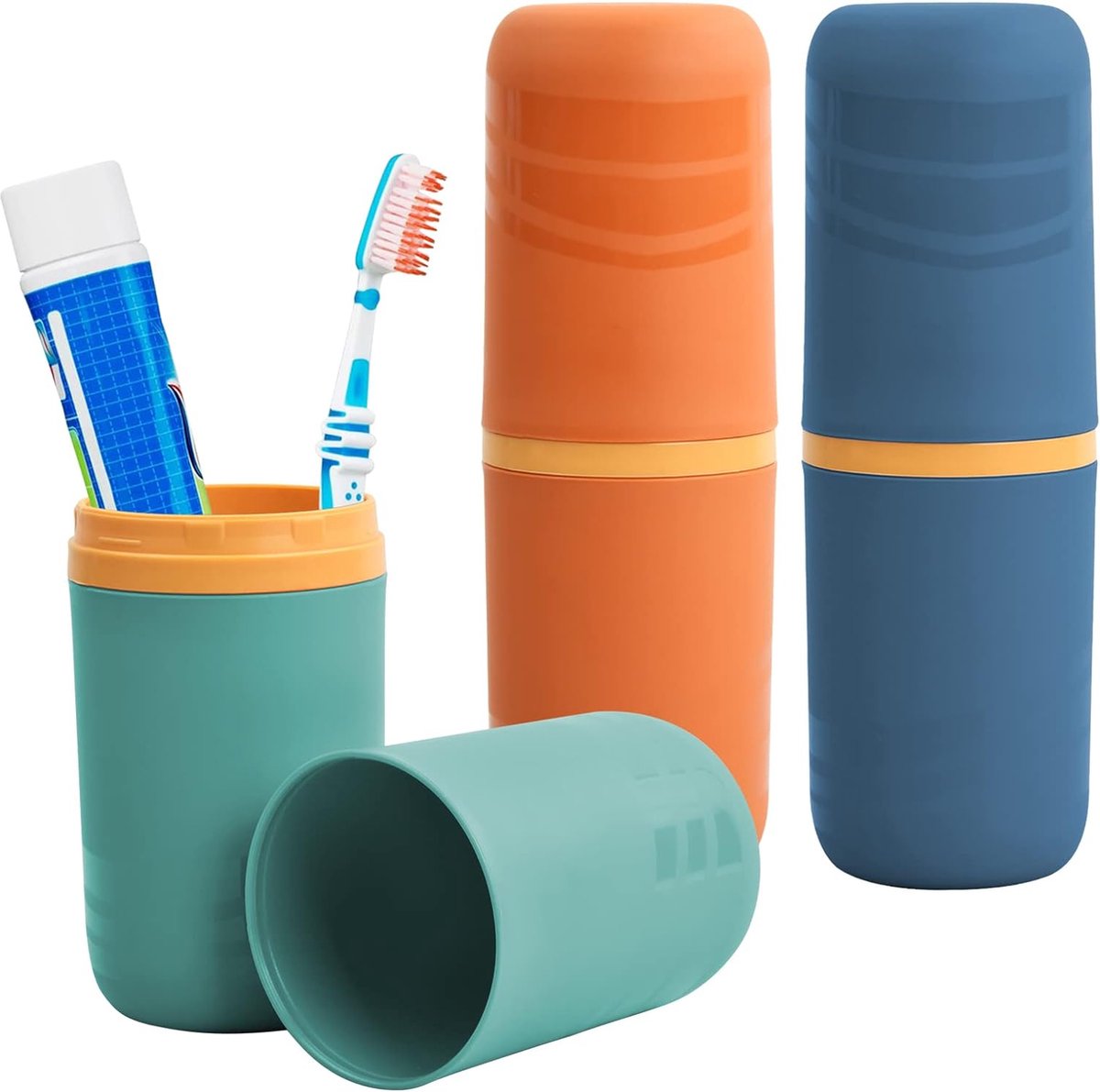 3 stuks tandenborsteltas reiskoffer draagbare tandenborstelhouder kunststof tandpasta tandenborstelbeker waterdichte mondwaterbeker voor reizen kamperen school groen blauw oranje veelkleurig eenvoudig