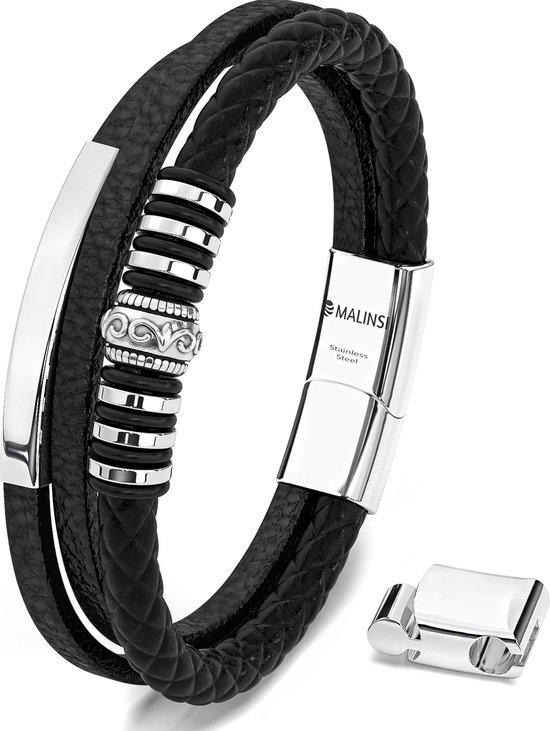 Malinsi Armband Heren - Zwart 3 snoeren leer met RVS accenten - 20 cm + 2 cm verlengstuk - Armbandje Mannen - Vaderdag Cadeau