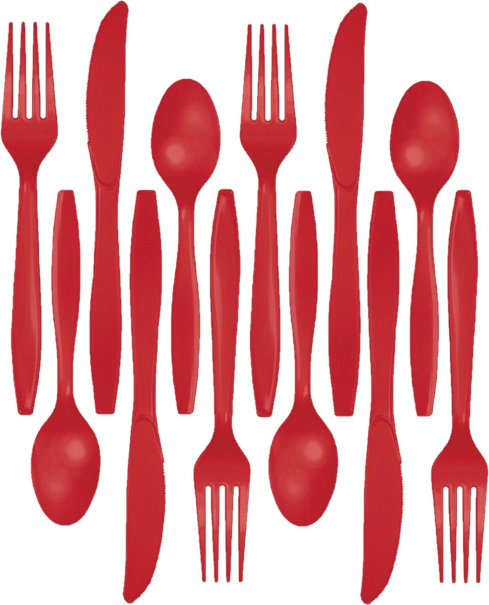 Kunststof bestek party bbq setje 96x delig rood messen vorken lepels herbruikbaar