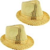 Toppers - Funny Fashion Carnaval verkleed Trilby hoedje met glitter pailletten - 2x - goud - heren/dames