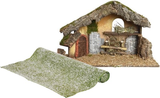 Lege kerststal - L50 x B23 x H31 cm - incl. gras ondergrond/achtergrond - besneeuwd
