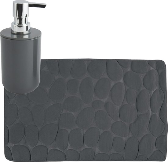 MSV badkamer droogloop mat/tapijt Kiezel motief - 50 x 80 cm - zelfde kleur zeeppompje 260 ml - donkergrijs