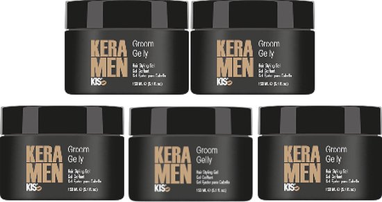 Vijf zwarte potjes KERA MEN Groom Gelly, elk met een gouden KIS logo.