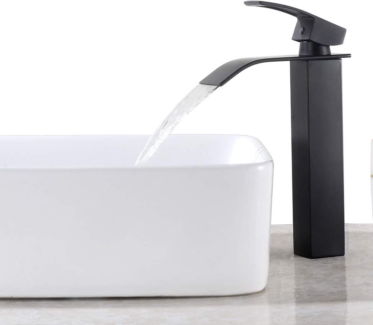 ,Kraan badkamer waterval zwart, wastafelarmatuur hoog met uitloop hoogte 204 mm, eengreepsmengkraan koud en warm, armatuur opzetwastafel voor badkamer