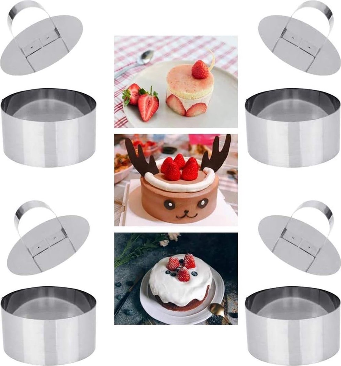 Eetringen roestvrijstalen dessertringen, kookringen, cakevorm, 4-delige set bevat 4 ringen en 4 voedselpersen
