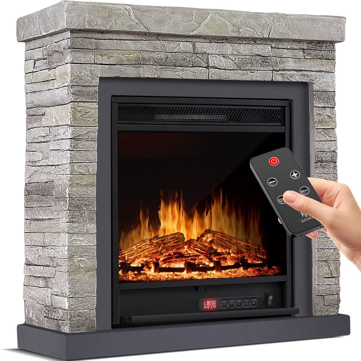 KESSER® Sfeerhaard Elektrisch Haard 1800W met LED Vlammen Dimbaar - Electrische Kachel met Timer & Afstandsbediening - Elektrische Verwarming met Thermostaat - Steenmotief / Grijs