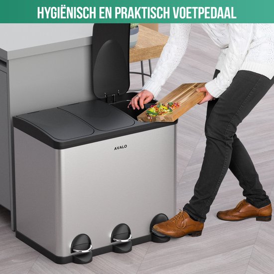 Avalo Prullenbak Afvalscheiding 60 Liter - RVS Zilver - 2 Vakken Milieubewust Hygienisch Vingerafdrukvrij Pedaalemmer Vuilnisbak