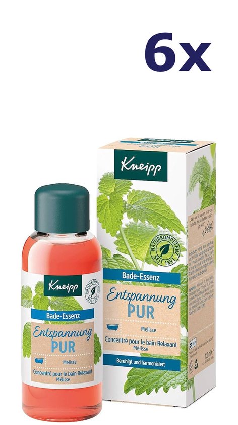 6x flesjes Kneipp Bade-Essenz Entspanning PUR met melisse. Oranje vloeistof in doorzichtig flesje met donkergroene dop.