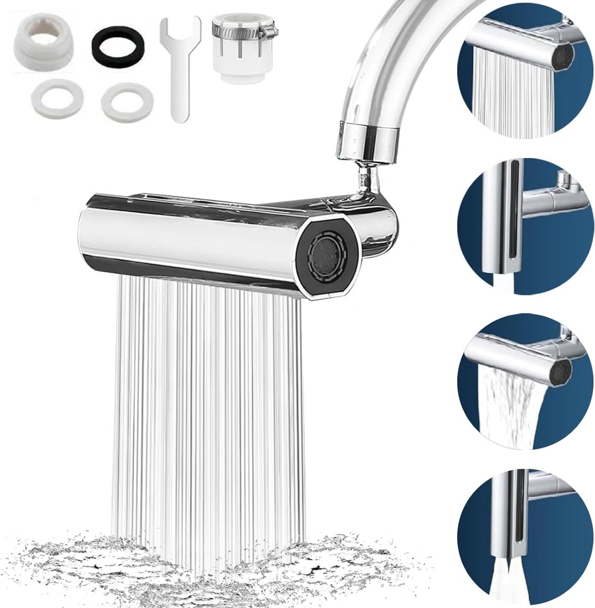 Waterkraan opzetstuk draaibaar - 4 sproeimodi, 360° draaibare waterkraan verlenging voor keuken/badkamer, universele kraanaansluiting met montagegereedschap