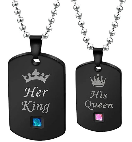 His Queen & Her King Dog Tags Ketting Set voor Hem en Haar - Zwart - Romantisch Liefdes Cadeau Mannen Cadeautjes - Mannen Cadeautjes - Cadeau voor Man