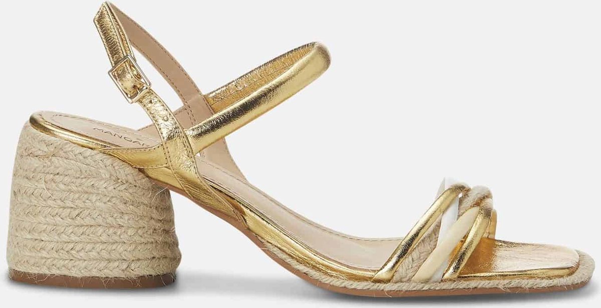 Mangará Albizia Dames sandalen Natuurlijk Raffia en Leer - 7cm Blokhak - Goud - Maat 37